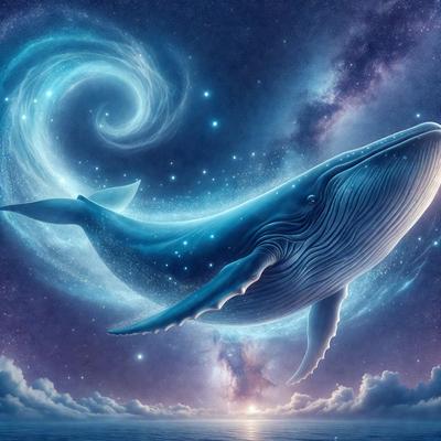 The primary subject of the image is a large blue whale. The whale is flying through the air, surrounded by a beautiful blue sky. The setting is a nighttime scene, with the whale flying high in the sky. The visual style of the image is digital art, creating a vibrant and dynamic atmosphere. The dominant colors are blue and white, giving the image a serene and peaceful mood.